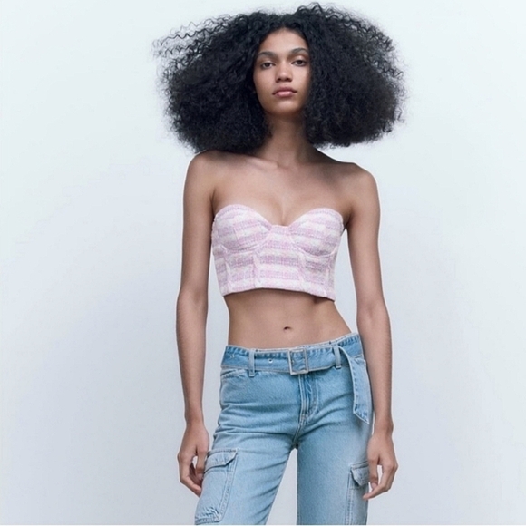 Zara textural plaid corset crop bustier pi k purple medium NWT - Picture 1 of 11